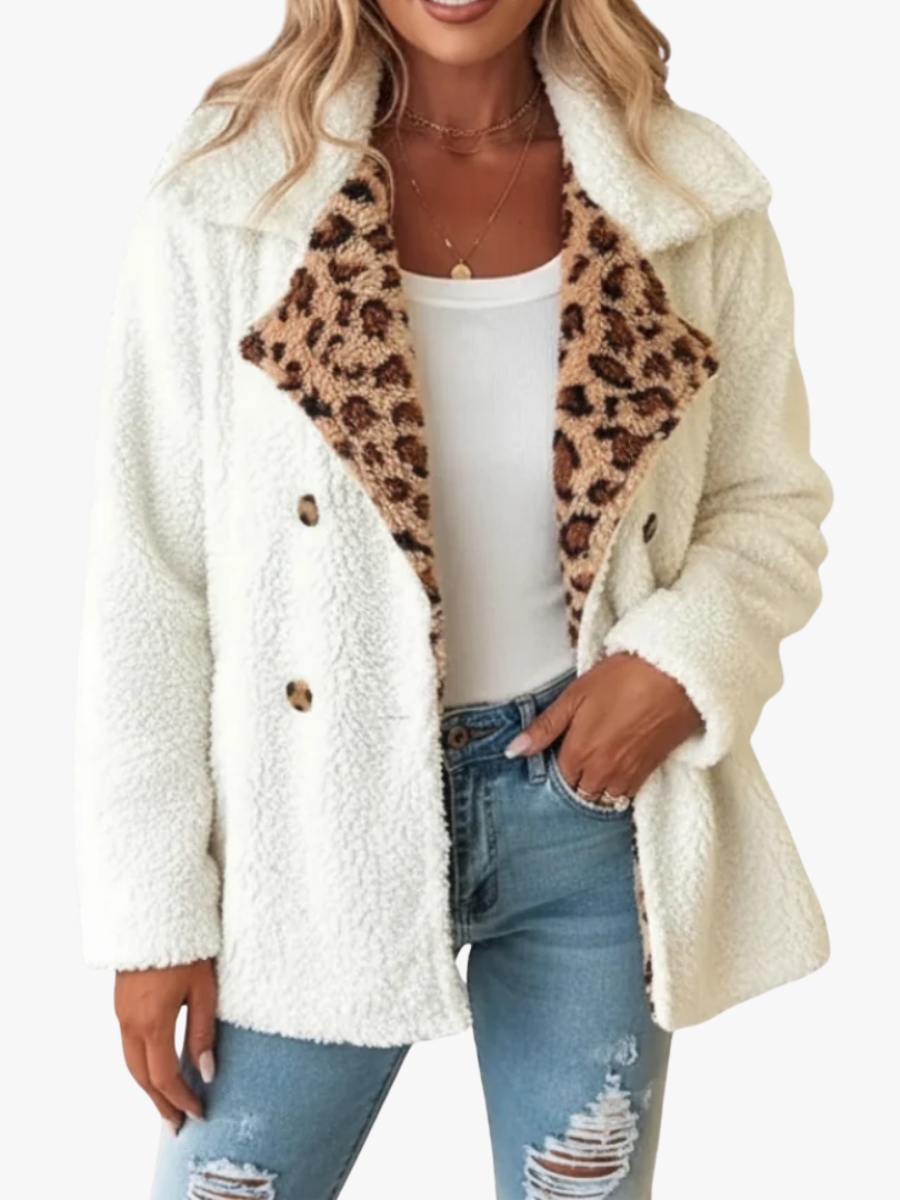 Marisela oversized teddy jacket with leopard lapel accent, front view close-up