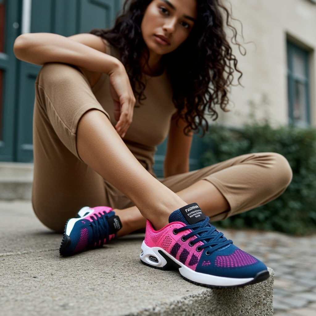Marguerite pink and white lace-up sneakers, close-up on model