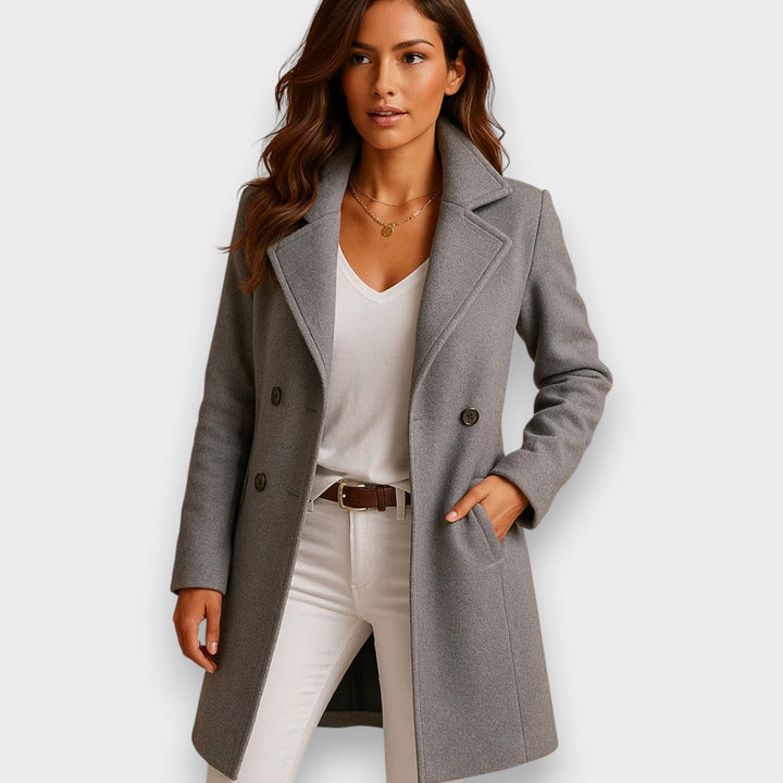 Marisol long wool coat in gray, double-breasted button detail