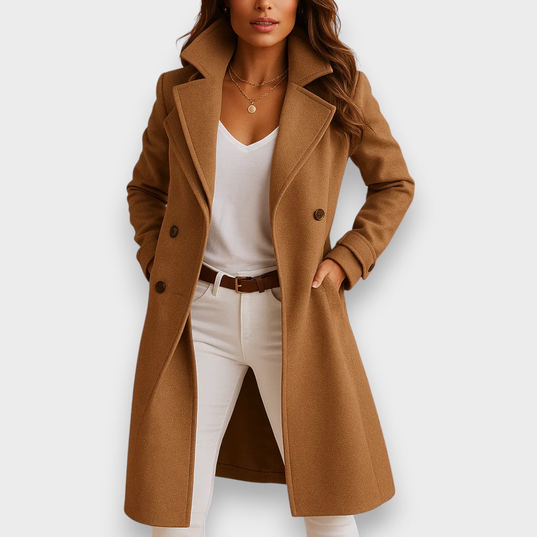 Marisol long wool coat in camel, structured silhouette close-up