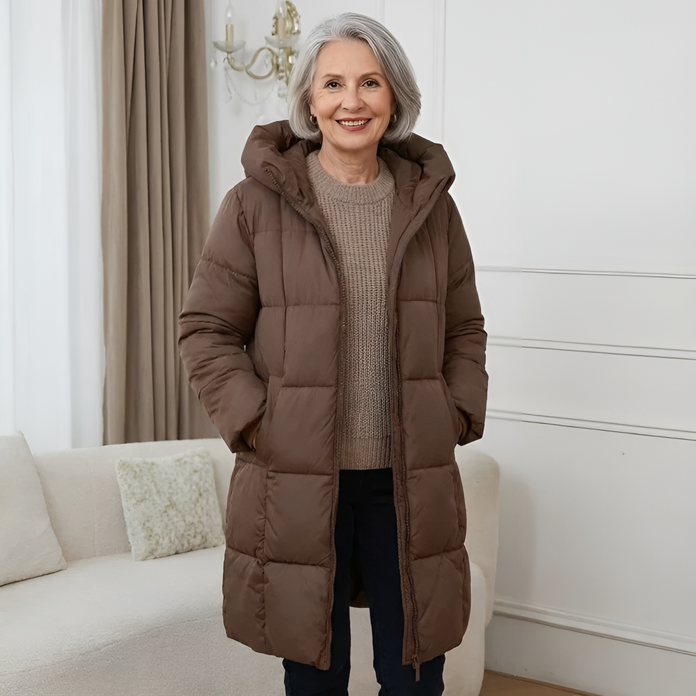 Rosamund long hooded puffer winter coat in chocolate brown, front view