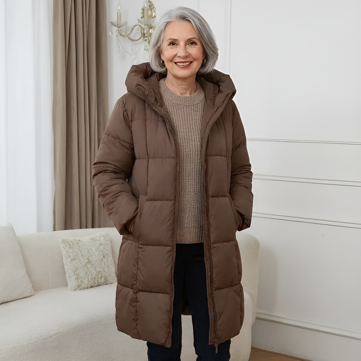 Rosamund long hooded puffer winter coat in chocolate brown, front view