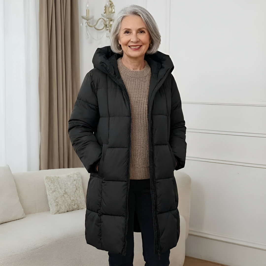 Rosamund long hooded puffer winter coat in black, front view