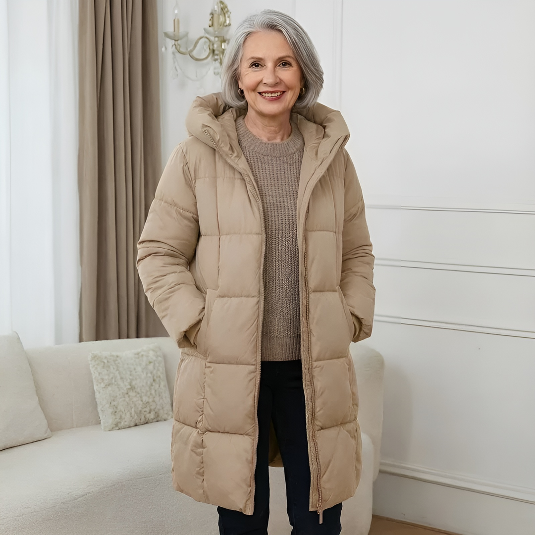 Rosamund long hooded puffer winter coat in camel, front view