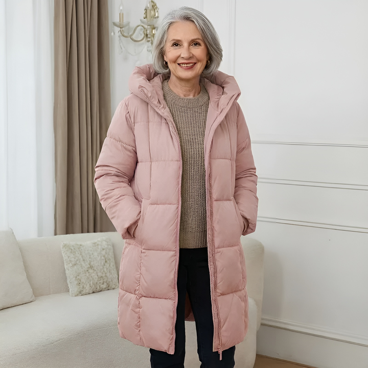 Rosamund long hooded puffer winter coat in camel, front view