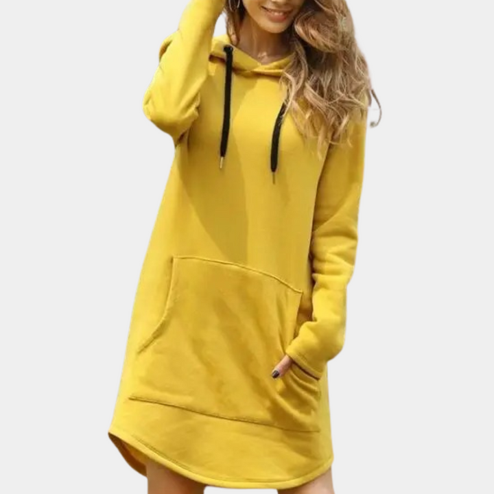 Odalys yellow hooded sweater dress with kangaroo pocket, front view
