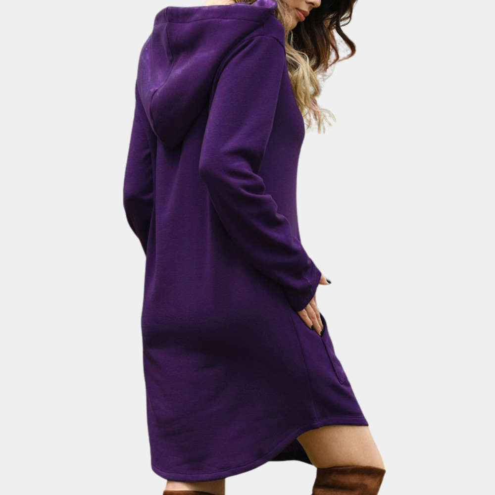 Odalys purple hooded sweater dress, side view showing length and hood