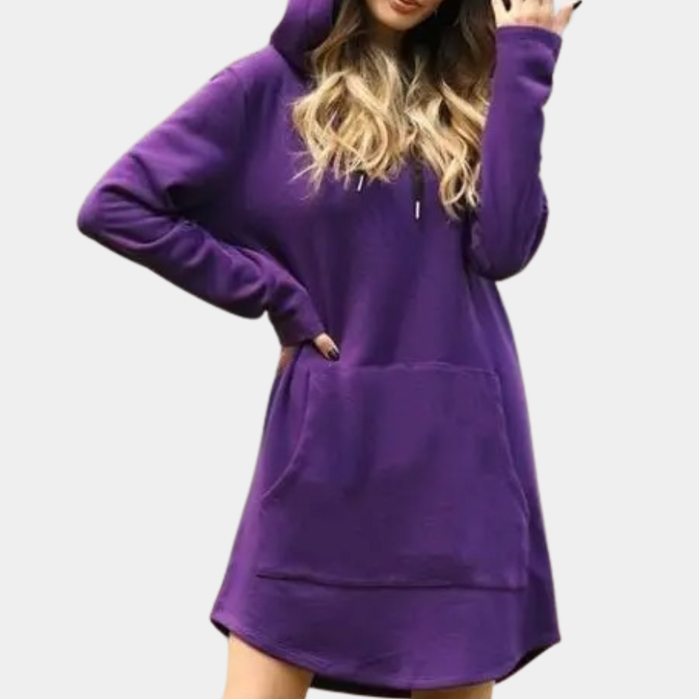 Odalys purple hooded sweater dress with pocket, front view