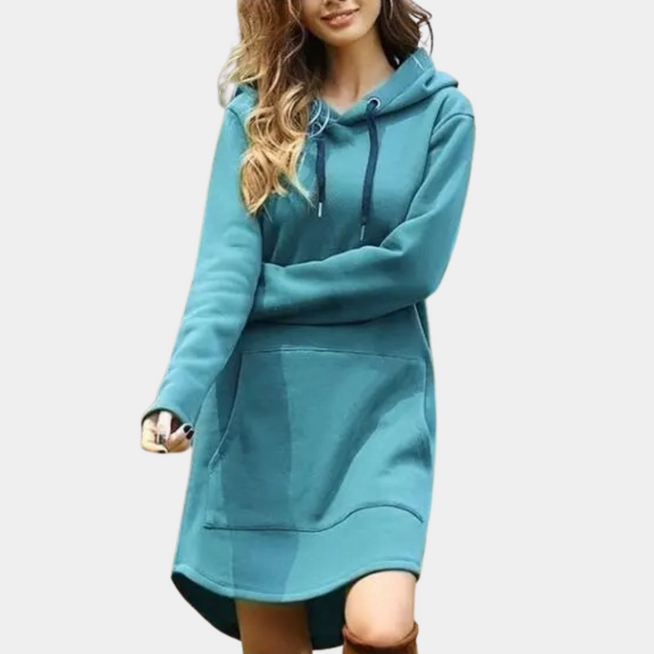 Odalys blue hooded sweater dress with drawstring hood, front view