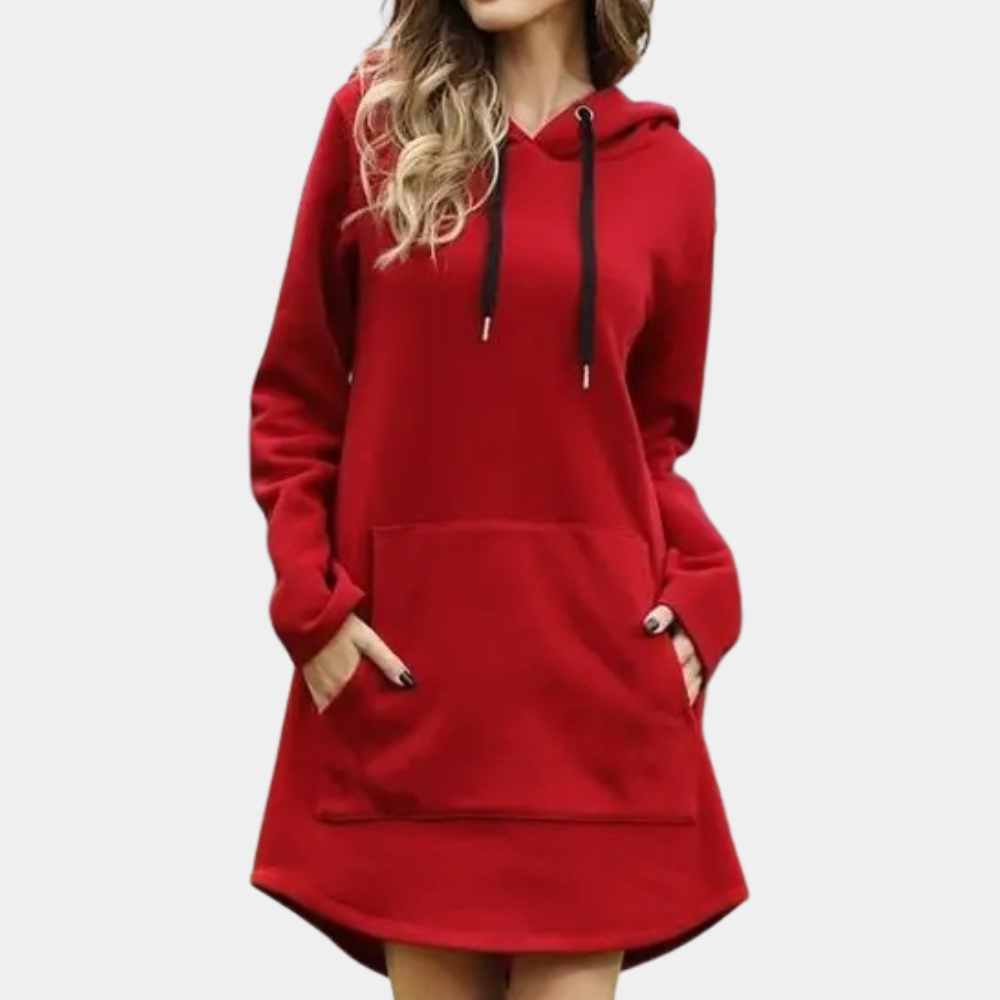 Odalys blue hooded sweater dress with drawstring hood, front view
