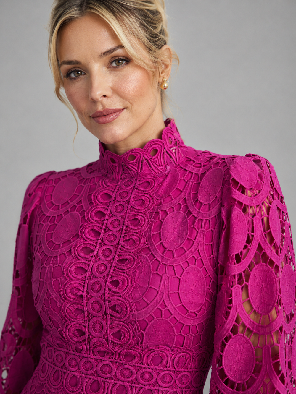 Marcelline lace midi dress, close-up of high neckline and sleeve detail