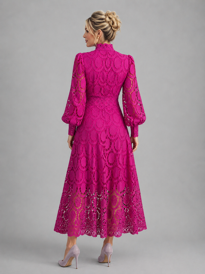 Marcelline lace midi dress in pink, back view