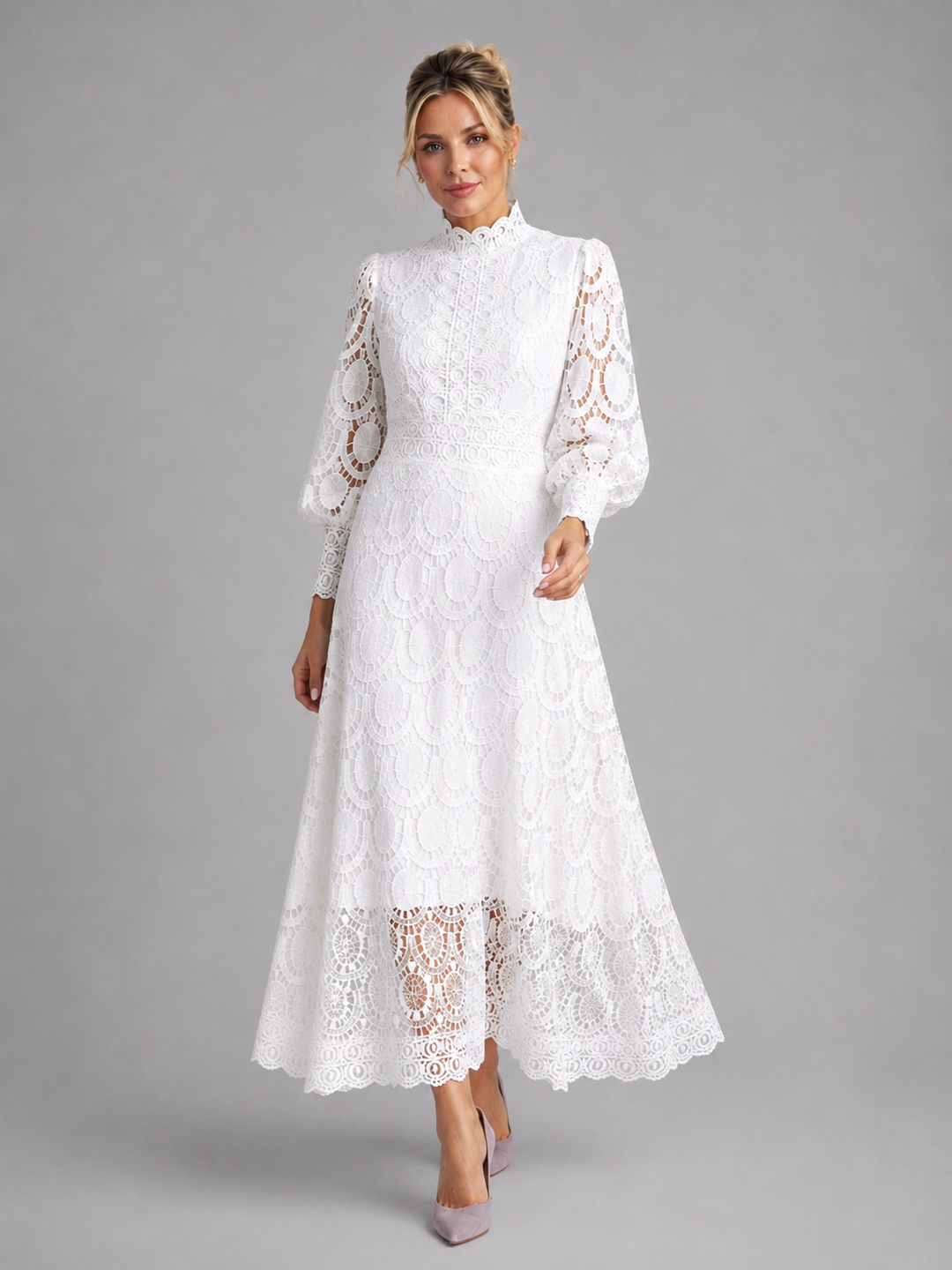 Marcelline lace midi dress in white, front view