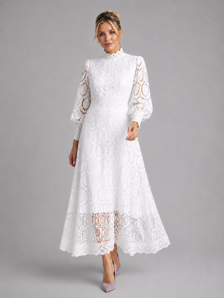 Marcelline lace midi dress in white, front view