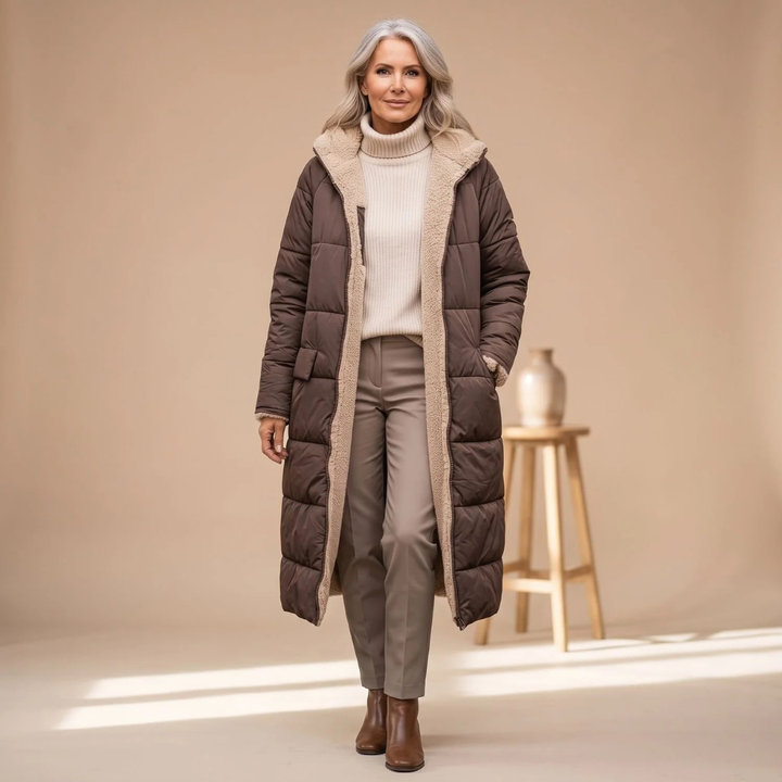 Rosalind long winter puffer jacket in brown with hooded collar, front view