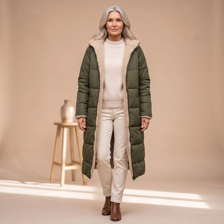 Rosalind long winter puffer jacket in green, full-length front view