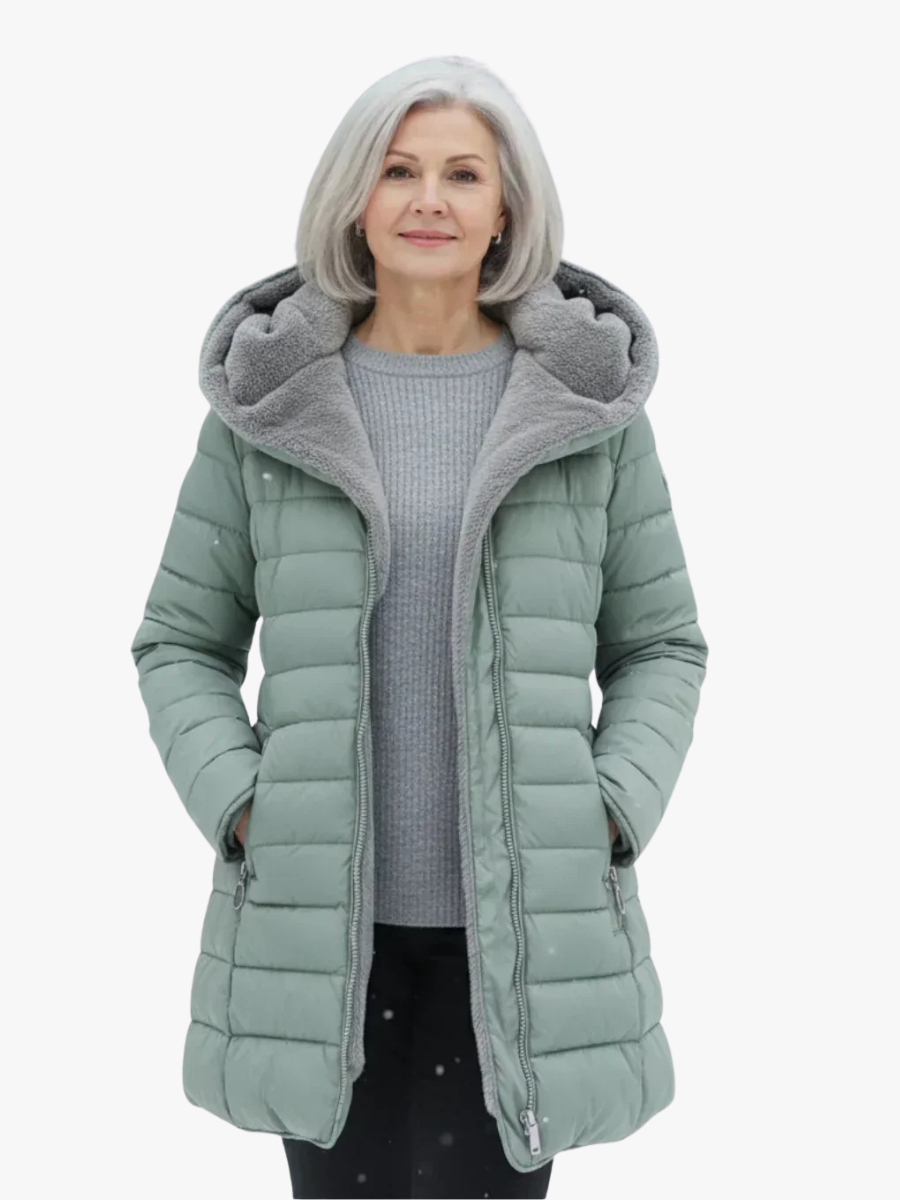 Rosamund hooded longline puffer jacket in sage, front view with hood down