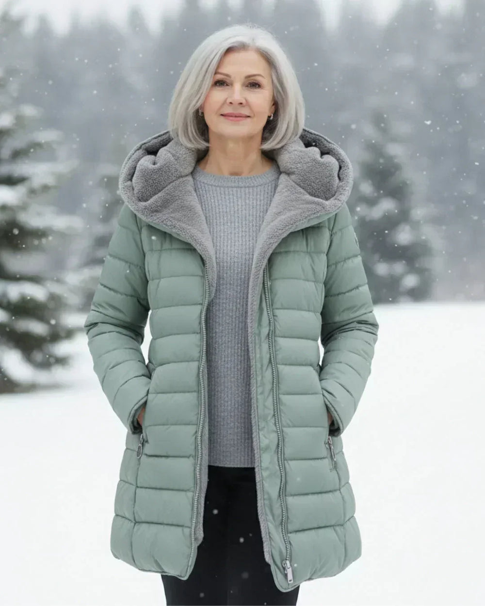 Rosamund hooded puffer jacket in sage, outdoor winter setting