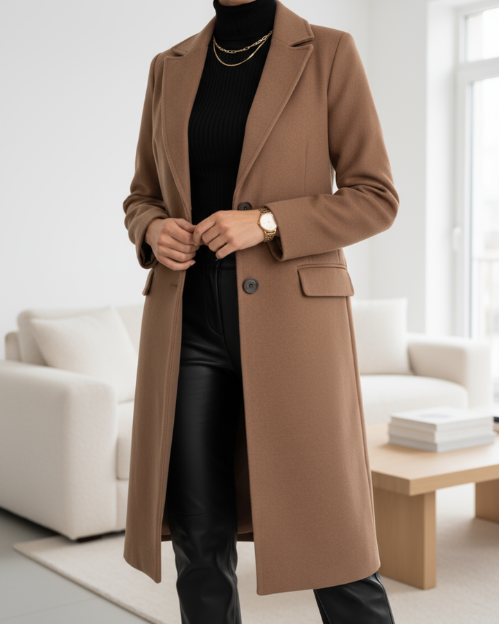 Marguerite brown longline coat, front view with turtleneck layering