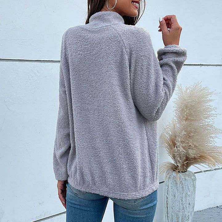 Marlowe fleece pullover, back view showing relaxed fit