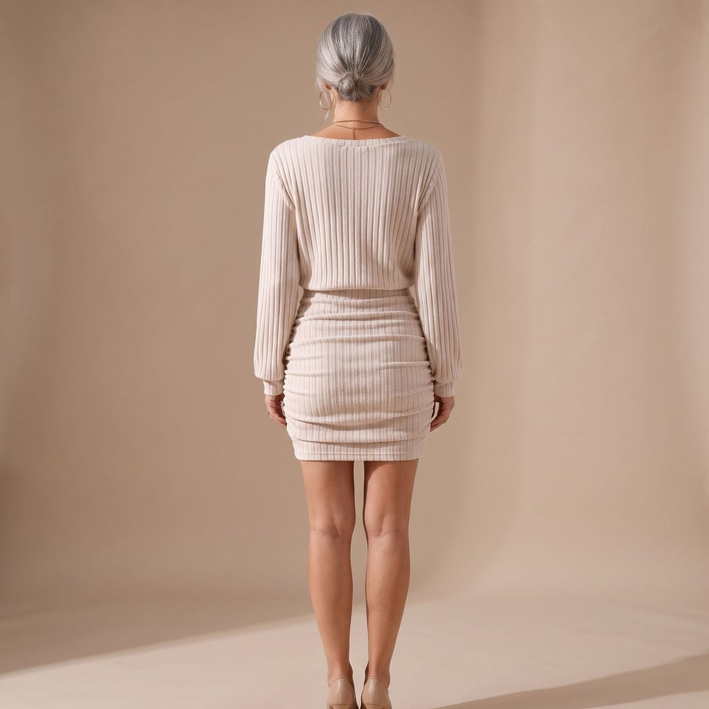 Marisela off-shoulder ribbed sweater mini dress, back view