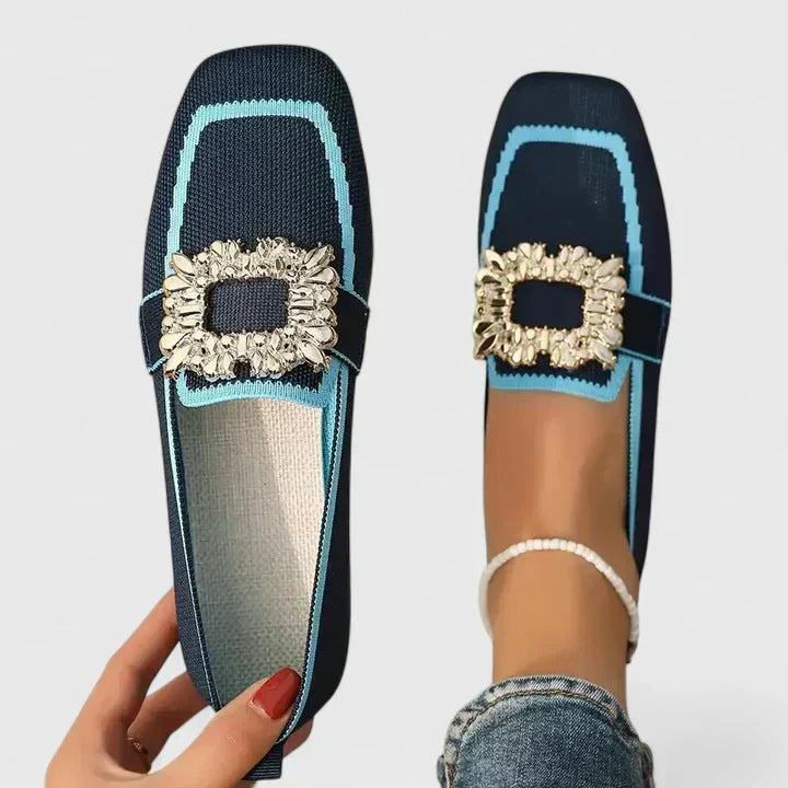Odessa navy embellished buckle loafers with light blue trim, top and side view