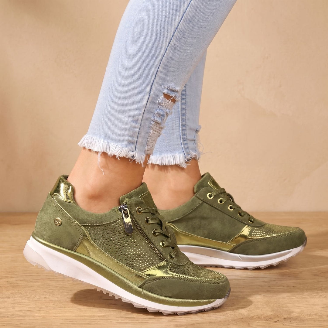 Guadalupe green mesh sneakers with metallic panel detail, close-up side view
