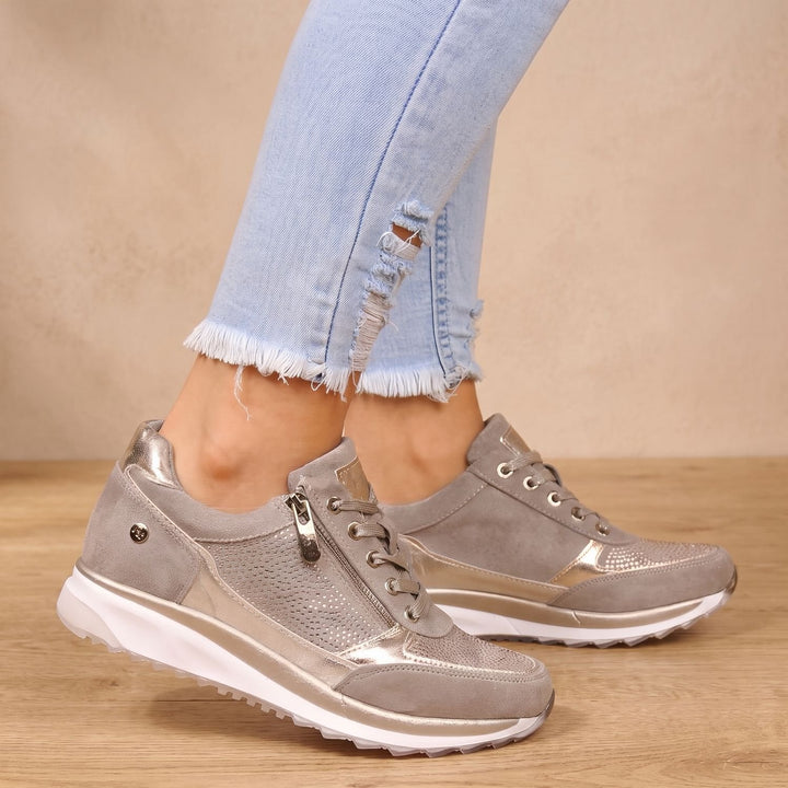 Guadalupe taupe orthopedic lace-up sneakers on model, side view