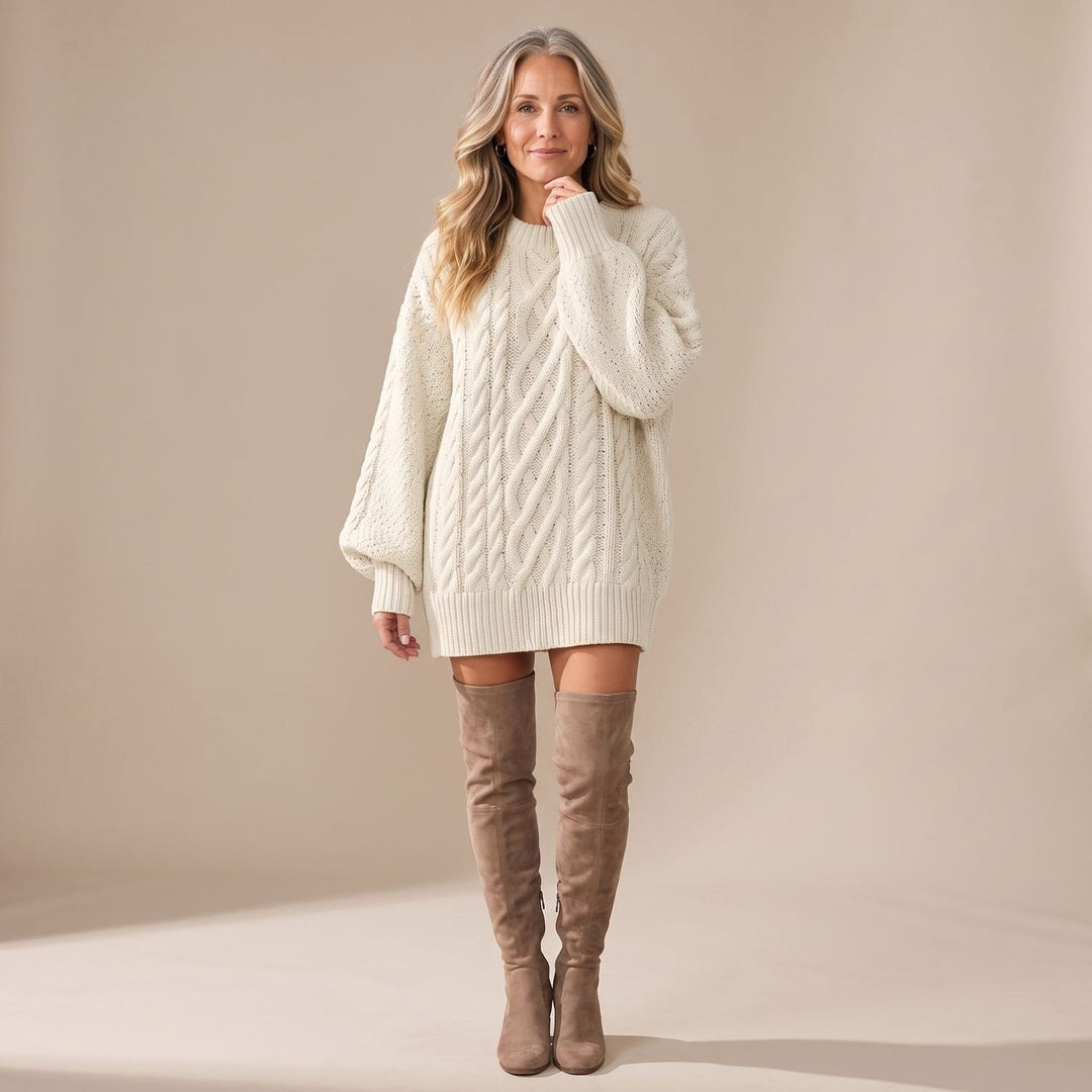 Marcella oversized cable knit sweater dress, front view