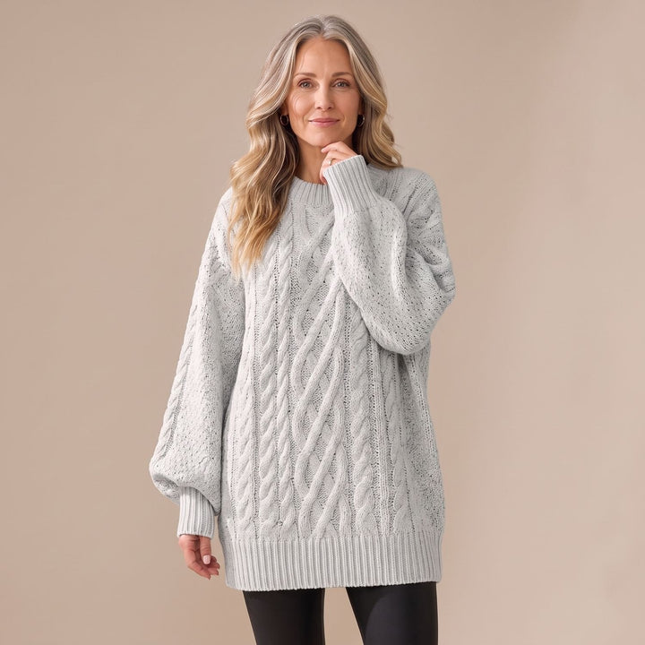 Marcella oversized sweater dress in tan, front view