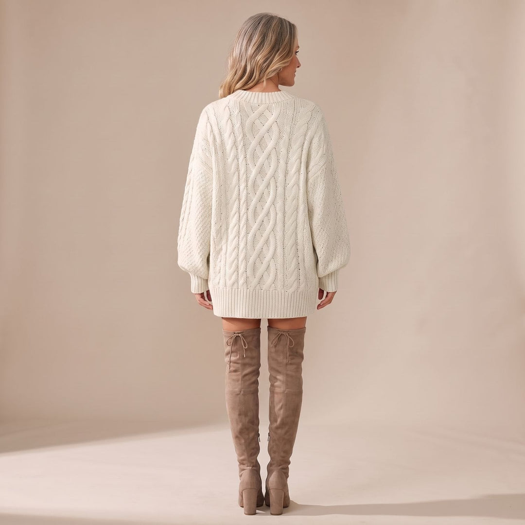 Marcella cable knit sweater dress, back view showing cable pattern