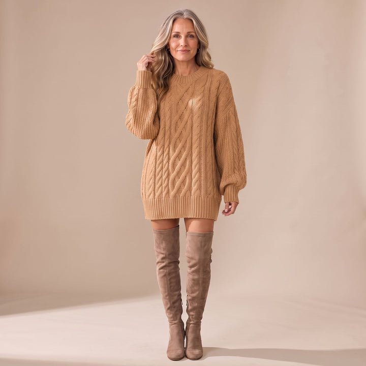 Marcella oversized sweater dress in tan, front view