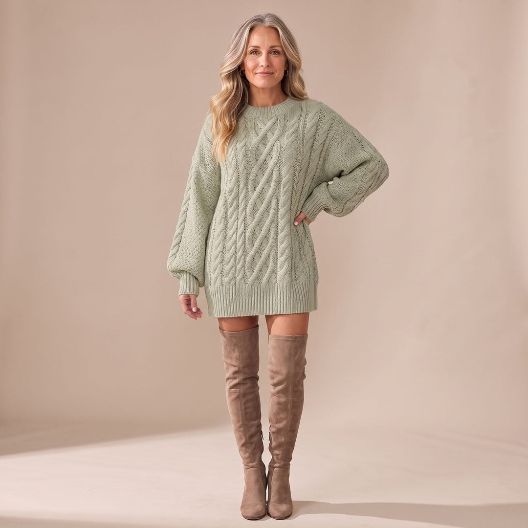 Marcella oversized sweater dress in tan, front view