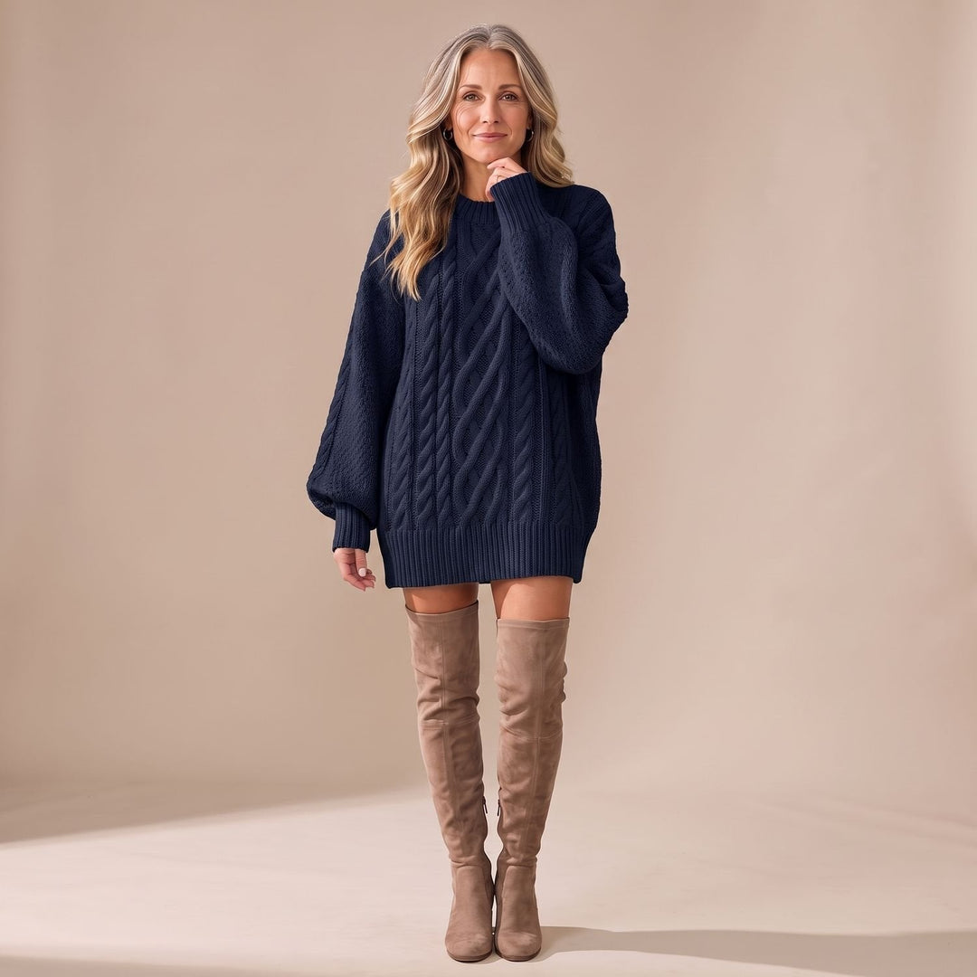 Marcella oversized sweater dress in tan, front view