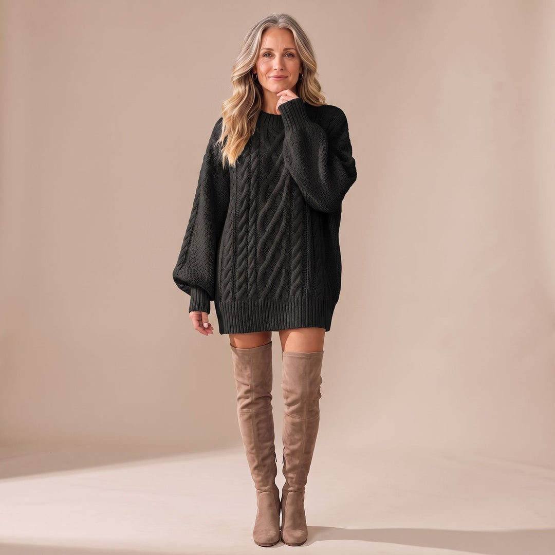 Marcella oversized sweater dress in tan, front view