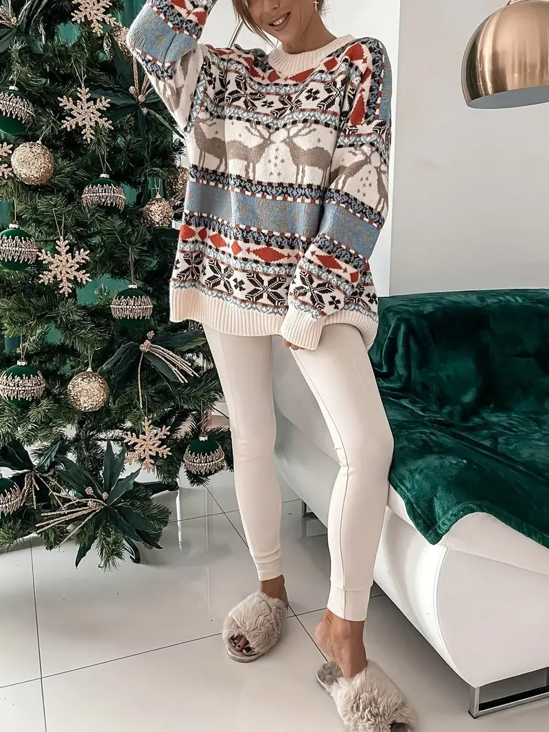 Vivienne oversized Christmas crew neck sweater with reindeer pattern, front view