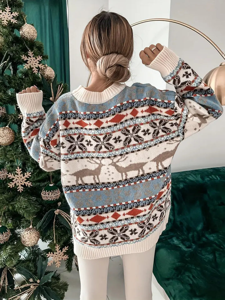 Vivienne oversized Christmas sweater, back view showing fair isle pattern