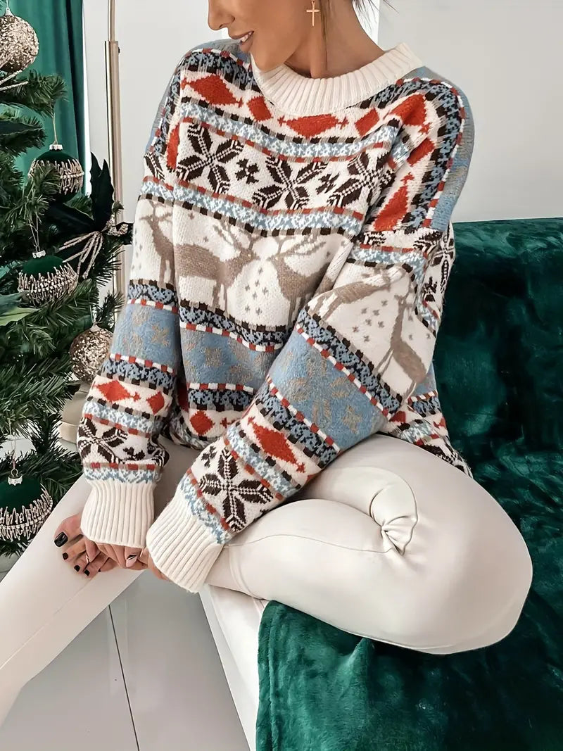 Vivienne Christmas crew neck sweater, close-up side view