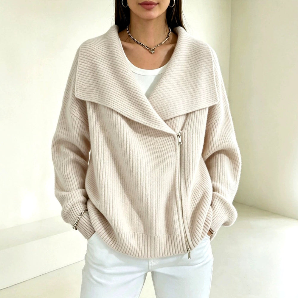 Faye oversized ribbed zip cardigan in light beige, front view