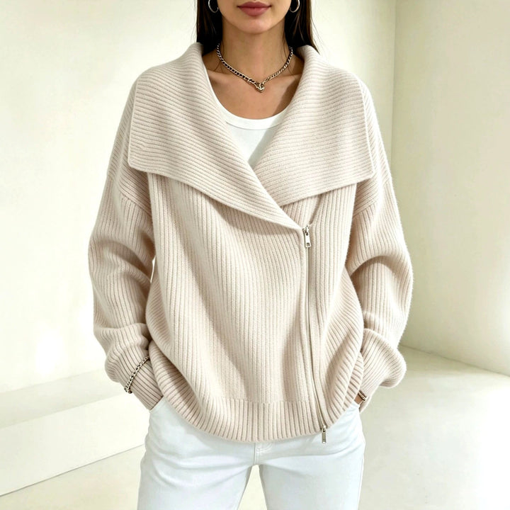 Faye oversized ribbed zip cardigan in light beige, front view