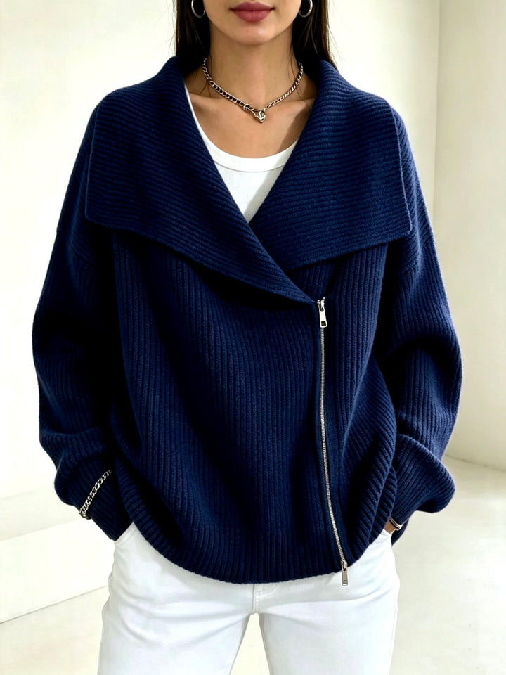 Faye oversized ribbed zip cardigan in navy blue, front view close-up