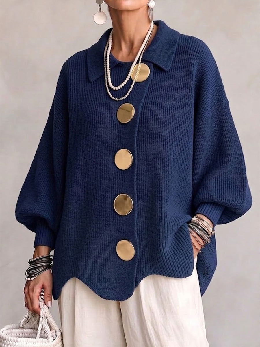Thessaly navy oversized collared cardigan with gold-tone buttons, front view