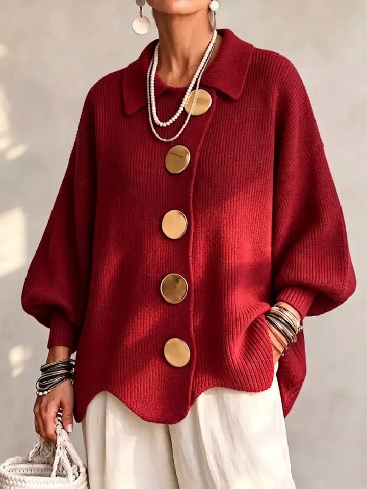 Thessaly cream oversized cardigan with scalloped hem, front view