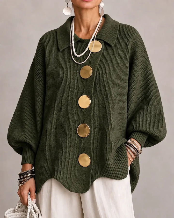 Thessaly cream oversized cardigan with scalloped hem, front view