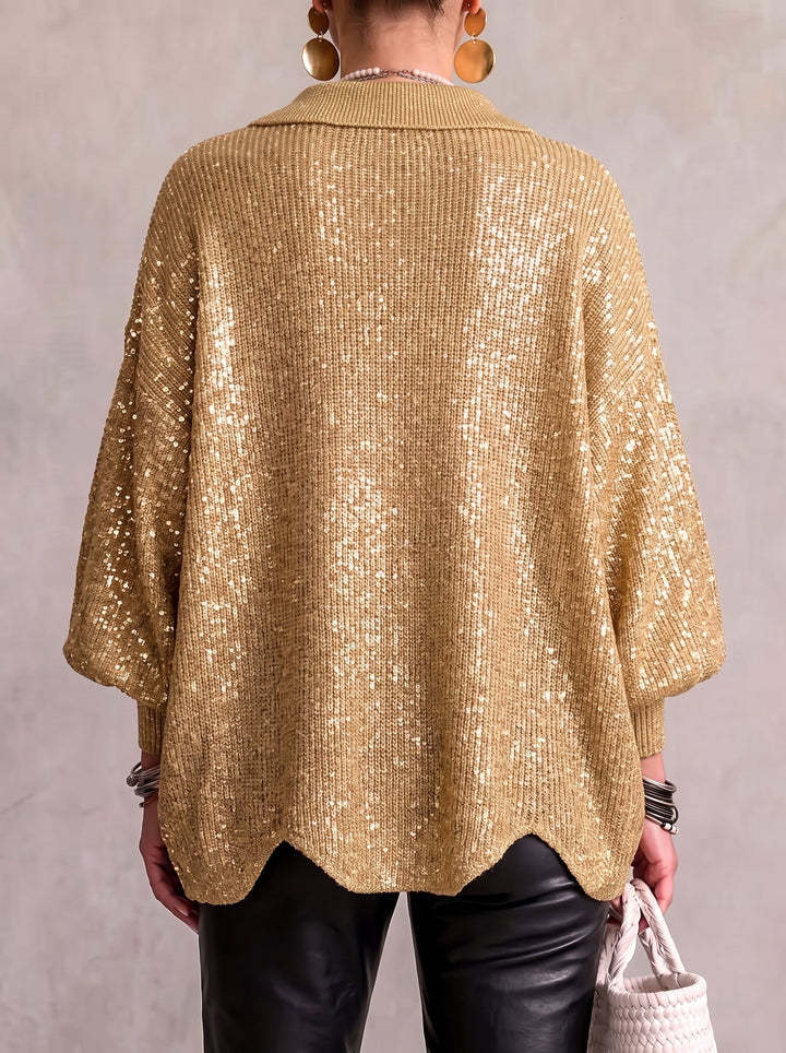 Thessaly cream oversized cardigan with scalloped hem, front view
