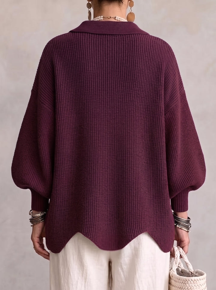 Thessaly cream oversized cardigan with scalloped hem, front view