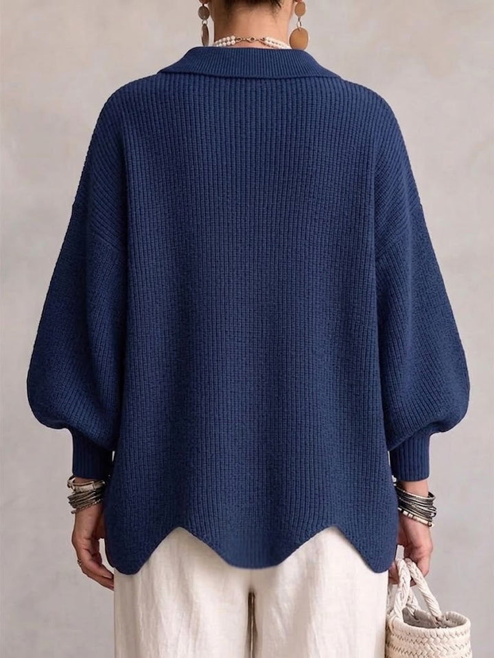 Thessaly cream oversized cardigan with scalloped hem, front view