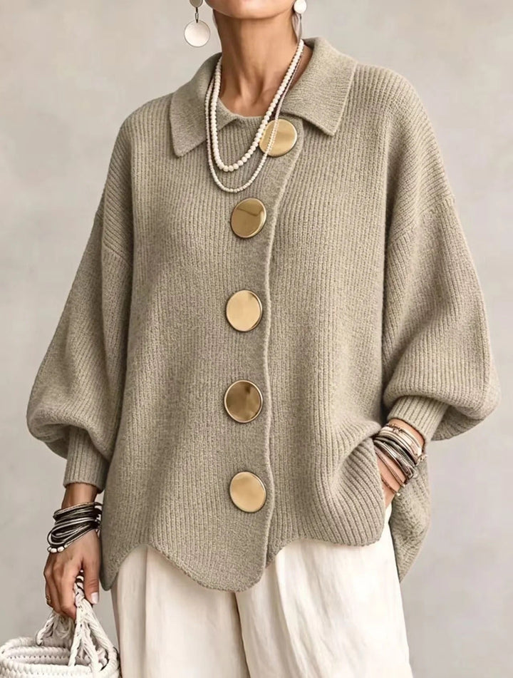 Thessaly cream oversized cardigan with scalloped hem, front view