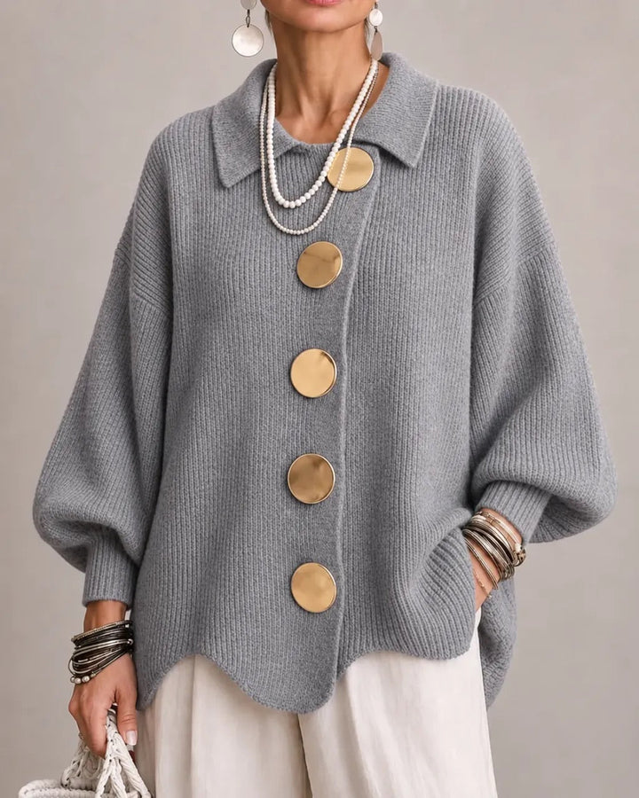 Thessaly cream oversized cardigan with scalloped hem, front view