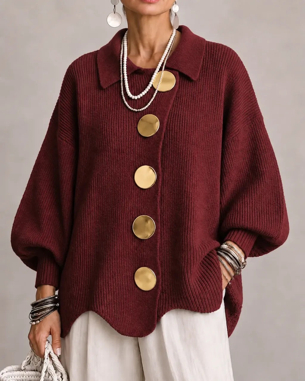 Thessaly cream oversized cardigan with scalloped hem, front view